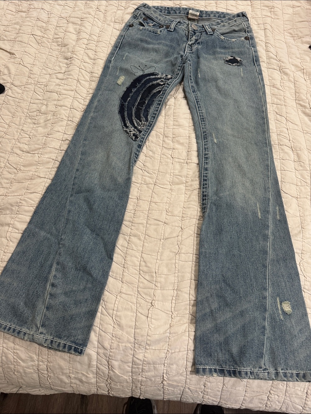 True Religion Light Blue Distressed Flare Jeans with Patchwork